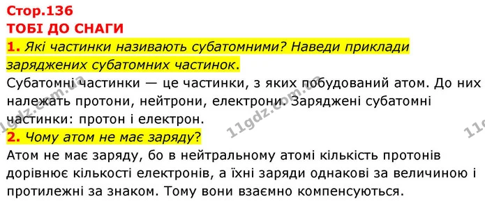 1. Які частинки називають субатомними? Наведи приклади заряджених субатомних частинок. — ГДЗ Хімія 8 клас Ярошенко