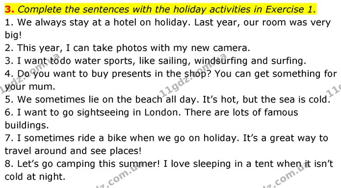 3. Complete the sentences with the holiday activities in Exercise 1. — ГДЗ робочий зошит Англійська мова 6 клас Prepare
