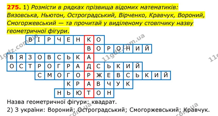 275. 1) Розмісти в рядках прізвища відомих математиків: Вязовська, Ньютон, Остроградський, Вірченко, Кравчук, Вороний, Смогоржевський — — ГДЗ Математика 6 клас Істер 2023 1-2 ч.