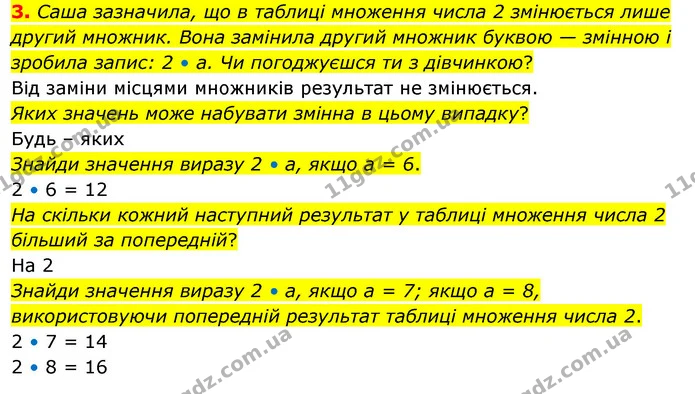 3. Саша зазначила, що в таблиці множення числа 2 змінюється лише другий множник. Вона замінила другий множник буквою — змінною і — ГДЗ Математика 3 клас Скворцова 1-2 ч.