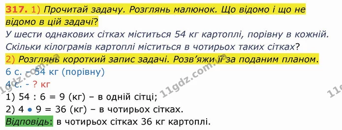 317. 1) Прочитай задачу. Розглянь малюнок. Що відомо і що не відомо в цій задачі? — ГДЗ Математика 3 клас Листопад 1-2 ч.
