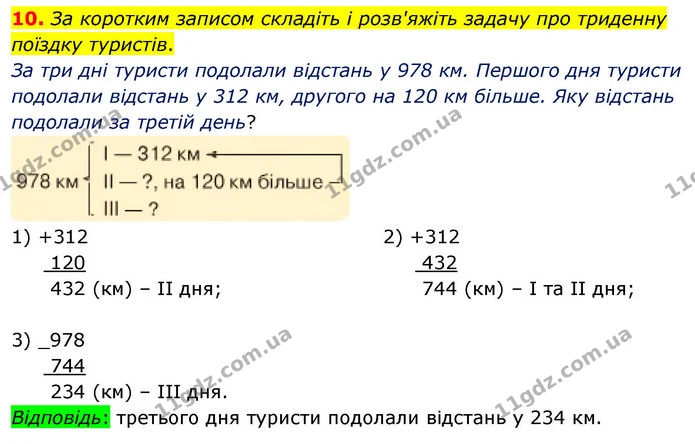 10. За коротким записом складіть і розв'яжіть задачу про триденну поїздку туристів. — ГДЗ Математика 4 клас Логачевська 1 та 2 частини