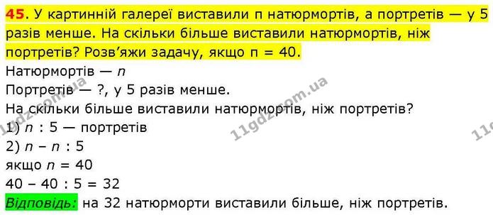 45. У картинній галереї виставили п натюрмортів, а портретів — у 5 разів менше. На скільки більше виставили натюрмортів, ніж портретів? — ГДЗ Математика 3 клас Козак 1-2 ч.