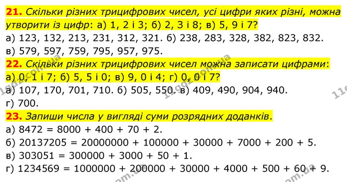 21. Скільки різних трицифрових чисел, усі цифри яких різні, можна утворити із цифр: а) 1, 2 і 3; б) 2, З і 8; в) 5, 9 і 7? — ГДЗ Математика 5 клас Бевз