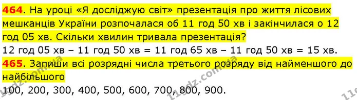 464. На уроці «Я досліджую світ» презентація про життя лісових мешканців України розпочалася об 11 год 50 хв і закінчилася о 12 год 05 — ГДЗ Математика 3 клас Козак 1-2 ч.