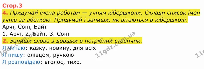 4. Придумай імена роботам — учням кібершколи. Склади список імен учнів за абеткою. Придумай і запиши, як вітаються в кібершколі. — ГДЗ Робочий зошит Українська мова 2 клас Большакова 1 ч. - 2 ч.
