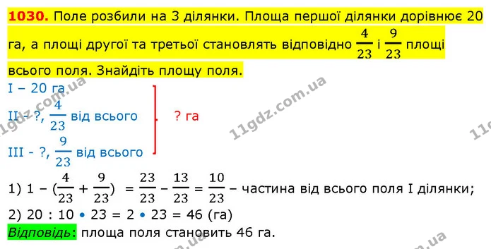 1030. Поле розбили на 3 ділянки. Площа першої ділянки дорівнює 20 га, а площі другої та третьої становлять відповідно 423 і 923 площі — ГДЗ Математика 5 клас Кравчук