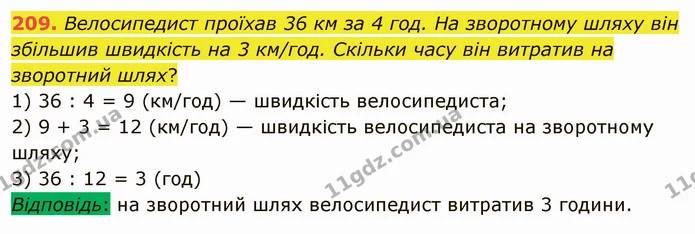 209. Велосипедист проїхав 36 км за 4 год. На зворотному шляху він збільшив швидкість на 3 км/год. Скільки часу він витратив на — ГДЗ Математика 5 клас Мерзляк