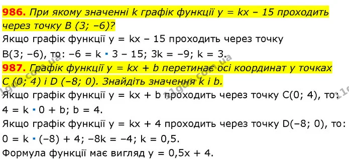 986. При якому значенні k графік функції y = kx – 15 проходить — Алгебра 7 клас Мерзляк 2024