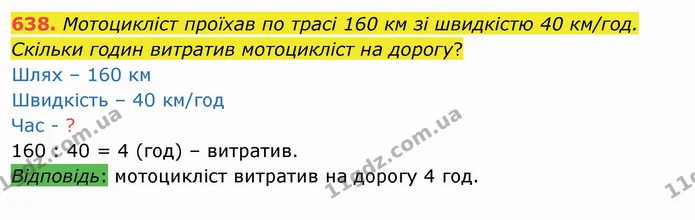 638. Мотоцикліст проїхав по трасі 160 км зі швидкістю 40 км/год. Скільки годин витратив мотоцикліст на дорогу? — ГДЗ Математика 4 клас Оляницька