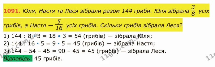 1091. Юля, Настя та Леся зібрали разом 144 гриби. Юля зібрала усіх грибів, а Настя — усіх грибів. Скільки грибів зібрала Леся? — ГДЗ Математика 5 клас Істер 2022
