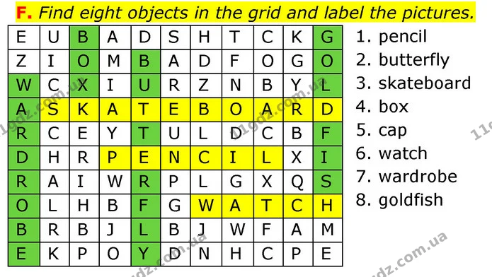 F. Find eight objects in the grid and label the pictures. — ГДЗ Робочий зошит Англійська мова 6 клас Мітчелл