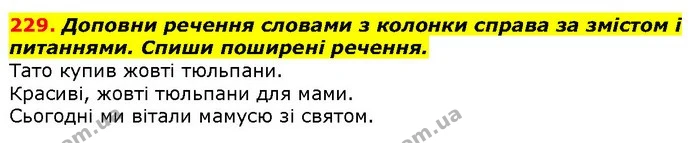 229. Доповни речення словами з колонки справа за змістом і питаннями. Спиши поширені речення. — ГДЗ Українська мова 2 клас Захарійчук