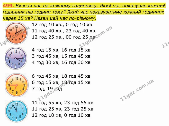 499. Визнач час на кожному годиннику. Який час показував кожний годинник пів години тому? Який час показуватиме кожний годинник через — ГДЗ Математика 4 клас Оляницька