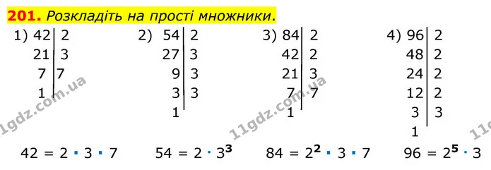 201. Розкладіть на прості множники. — ГДЗ Математика 6 клас Тарасенкова 2023 1-2 ч.