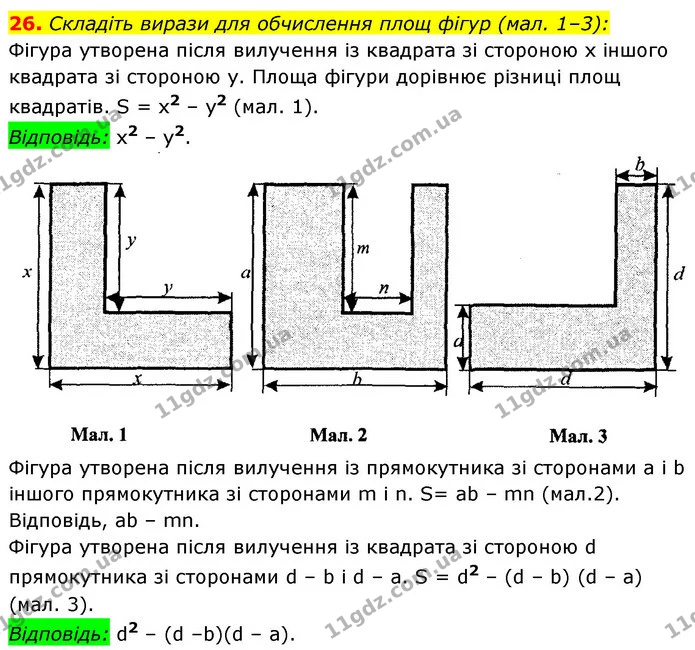 26. Складіть вирази для обчислення площ фігур (мал. 1–3): — ГДЗ Алгебра 7 клас Істер 2020