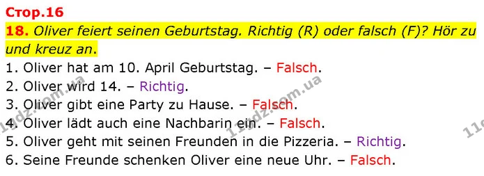 18. Oliver feiert seinen Geburtstag. Richtig (R) oder falsch (F)? Hör zu und kreuz an. — ГДЗ Німецька мова 7 клас Басай