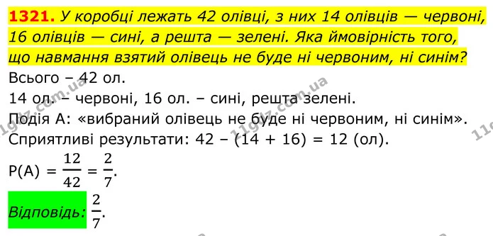 1321. У коробці лежать 42 олівці, з них 14 олівців — червоні, — ГДЗ Алгебра 7 клас Бевз