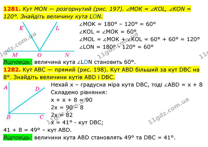 1281. Кут МОN — розгорнутий (рис. 197). ∠МОК = ∠КОL, ∠КОN = 120°. Знайдіть величину кута LON. — ГДЗ Математика 5 клас Кравчук
