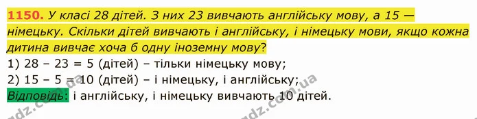 1150. У класі 28 дітей. З них 23 вивчають англійську мову, а 15 — німецьку. Скільки дітей вивчають і англійську, і німецьку мови, якщо — ГДЗ Математика 5 клас Істер 2022