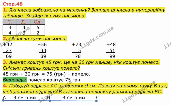 1. Які числа зображено на малюнку? Запиши ці числа в нумераційну таблицю. Знайди їх суму письмово. — ГДЗ Робочий зошит Математика 3 клас Листопад