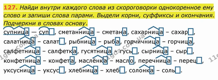 127. Найди внутри каждого слова из скороговорки однокоренное ему слово и запиши слова парами. Выдели корни, суффиксы и окончания — ГДЗ Русский язык и чтение 3 класс Лапшина