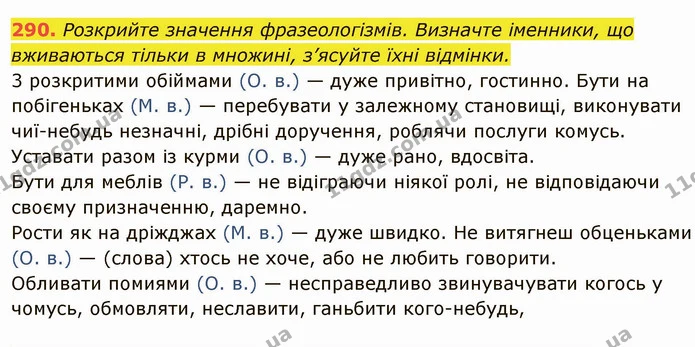 290. Розкрийте значення фразеологізмів. Визначте іменники, що вживаються тільки в множині, з’ясуйте їхні відмінки. — ГДЗ Українська мова 6 клас Глазова