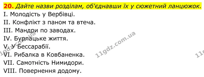20. Дайте назви розділам, об'єднавши їх у сюжетний ланцюжок. — ГДЗ Українська література 8 клас Калинич