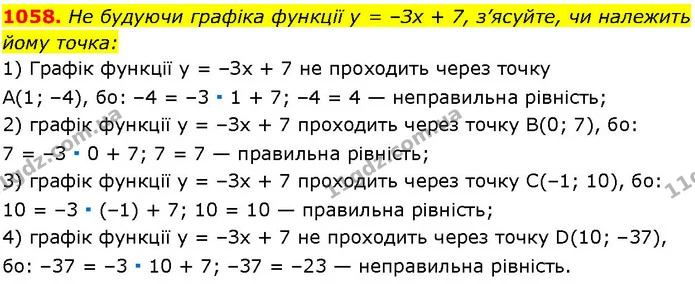1058. He будуючи графіка функції у = –Зх + 7, з’ясуйте, чи належить — ГДЗ Алгебра 7 клас Істер 2024