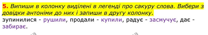 5. Випиши в колонку виділені в легенді про сакуру слова. Вибери з довідки антоніми до них і запиши в другу колонку. — ГДЗ Українська мова 3 клас Пономарьова 2020