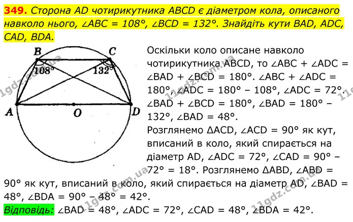 349. Сторона AD чотирикутника ABCD є діаметром кола, описаного навколо нього, ∠ABC = 108°, ∠BCD = 132°. Знайдіть кути BAD, ADC, CAD — ГДЗ Геометрія 8 клас Мерзляк