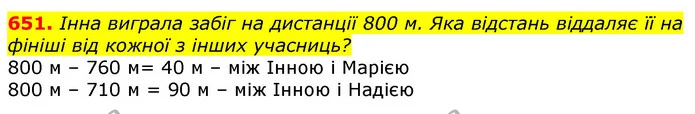 651. Інна виграла забіг на дистанції 800 м. Яка відстань віддаляє її на фініші від кожної з інших учасниць? — ГДЗ Математика 3 клас Листопад 1-2 ч.