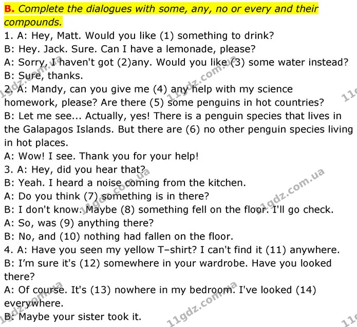 B. Complete the dialogues with some, any, no or every and their compounds. — ГДЗ робочий зошит Англійська мова 7 клас Мітчелл