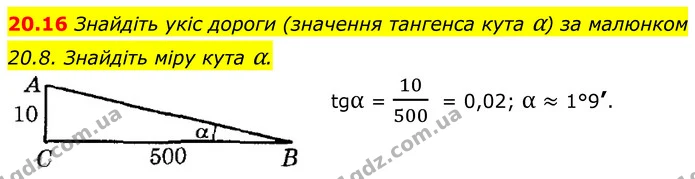 20.16 Знайдіть укіс дороги (значення тангенса кута α) за малюнком 20.8. Знайдіть міру кута α. — ГДЗ Геометрія 8 клас Істер