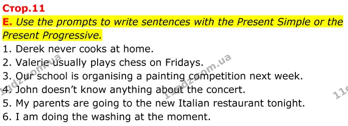 E. Use the prompts to write sentences with the Present Simple or the Present Progressive. — ГДЗ граматика Англійська мова 7 клас Мітчелл