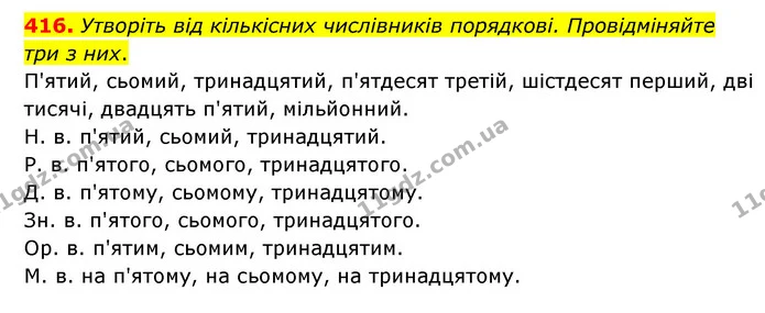 416. Утворіть від кількісних числівників порядкові. Провідміняйте три з них. — ГДЗ Українська мова 6 клас Голуб 2023
