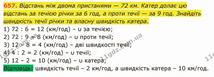 657. Відстань між двома пристанями — 72 км. Катер долає цю відстань за течією річки за 6 год, а проти течії — за 9 год. Знайдіть — ГДЗ Математика 5 клас Тарасенкова 2022