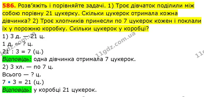 586. Розв’яжіть і порівняйте задачі. 1) Троє дівчаток поділили між собою порівну 21 цукерку. Скільки цукерок отримала кожна дівчинка? — ГДЗ Математика 3 клас Будна 1-2 ч.