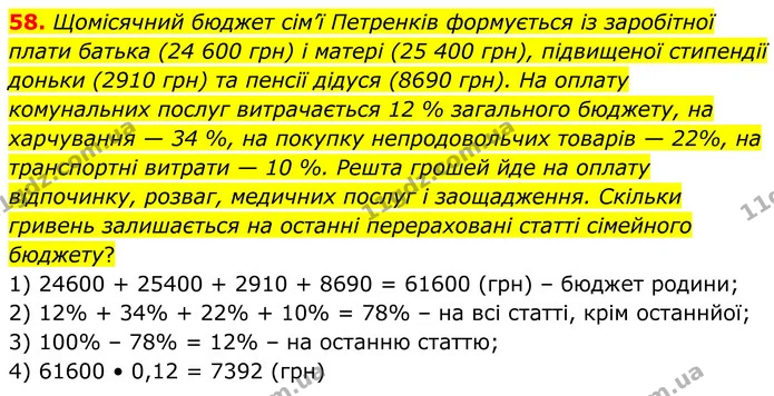 58. Щомісячний бюджет сім’ї Петренків формується із заробітної плати батька (24 600 грн) і матері (25 400 грн), підвищеної стипендії — ГДЗ Алгебра 8 клас Мерзляк