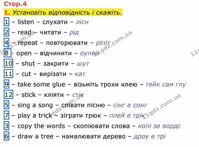 1. Установіть відповідність і скажіть. — ГДЗ Робочий зошит Англійська мова 4 клас Карпюк