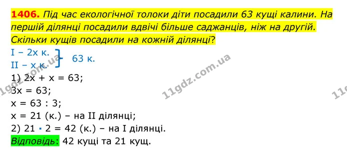 1406. Під час екологічної толоки діти посадили 63 кущі калини. На першій ділянці посадили вдвічі більше саджанців, ніж на другій — ГДЗ Математика 6 клас Істер 2023 1-2 ч.