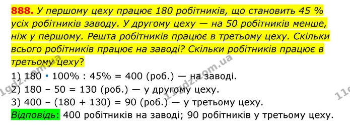888. У першому цеху працює 180 робітників, що становить 45 % усіх робітників заводу. У другому цеху — на 50 робітників менше, ніж у — ГДЗ Математика 6 клас Тарасенкова 2023 1-2 ч.