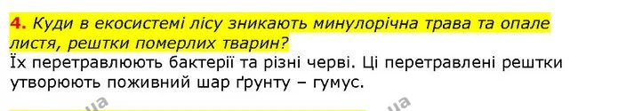 4. Куди в екосистемі лісу зникають минулорічна трава та опале листя, рештки померлих тварин? — ГДЗ Природознавство 5 клас Ярошенко