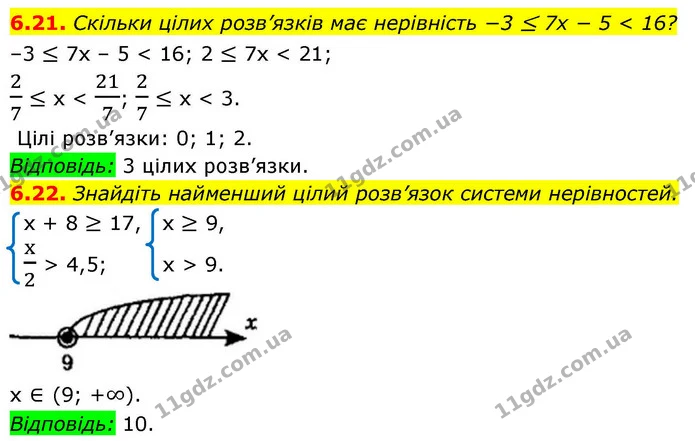 6.21. Скільки цілих розв’язків має нерівність −3 ≤ 7x − 5 < 16? — ГДЗ Алгебра 9 клас Мерзляк 2026
