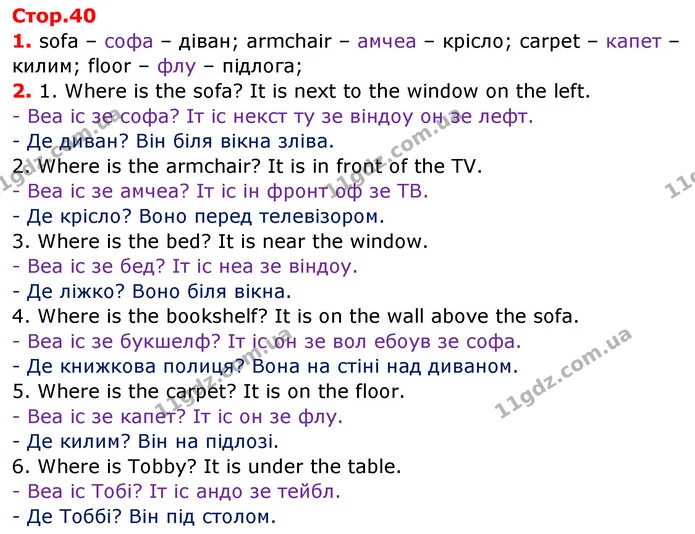 1. sofa – софа – діван; armchair – амчеа – крісло; carpet – капет – килим; floor – флу – підлога; — ГДЗ Англійська мова 3 клас Карпюк