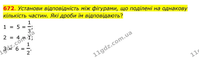 672. Установи відповідність між фігурами, що поділені на однакову кількість частин. Які дроби їм відповідають? — ГДЗ Математика 3 клас Бевз 2 частина
