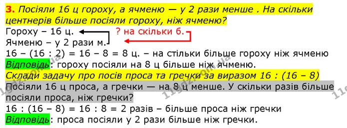 3. Посіяли 16 ц гороху, а ячменю — у 2 рази менше . На скільки центнерів більше посіяли гороху, ніж ячменю? — ГДЗ Математика 2 клас Лишенко