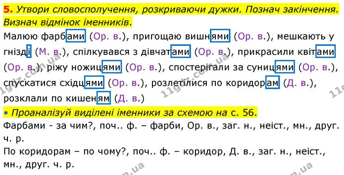 5. Утвори словосполучення, розкриваючи дужки. Познач закінчення. Визнач відмінок іменників. — ГДЗ Робочий зошит Українська мова 4 клас Большакова