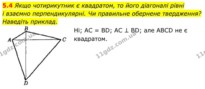 5.4 Якщо чотирикутник є квадратом, то його діагоналі рівні і взаємно перпендикулярні. Чи правильне обернене твердження? Наведіть — ГДЗ Геометрія 8 клас Істер