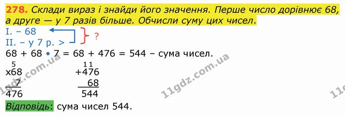 278. Склади вираз і знайди його значення. Перше число дорівнює 68, а друге — у 7 разів більше. Обчисли суму цих чисел. — ГДЗ Математика 4 клас Оляницька